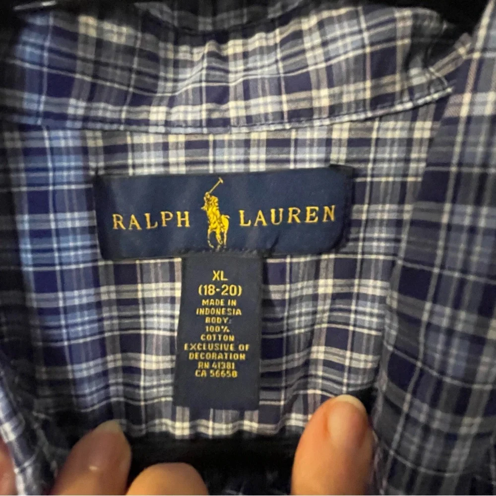 Ralph Lauren blue white plaid long sleeve button front shirt size XL Youth 18/20